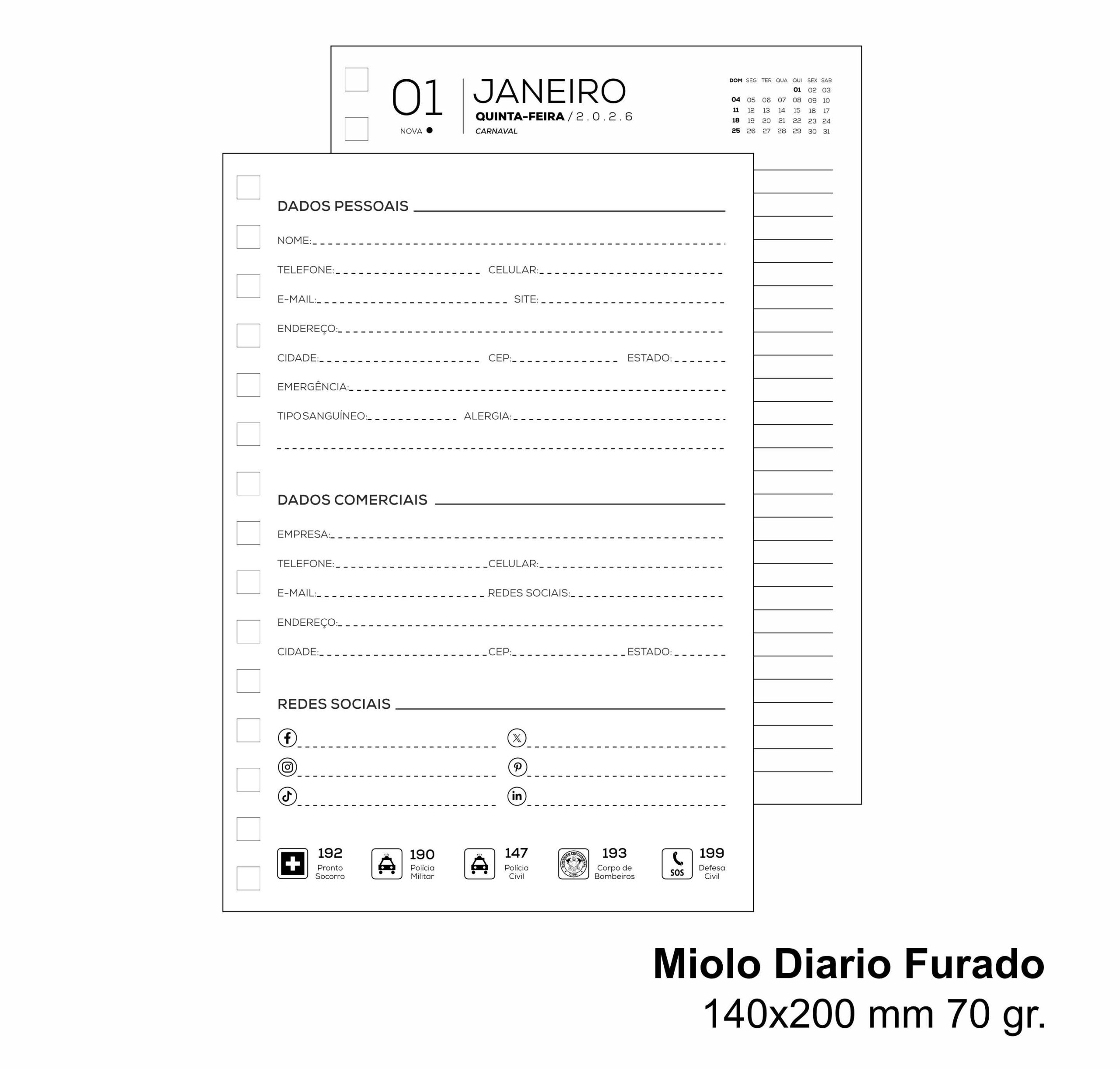 Miolo Agenda Diario furado 70