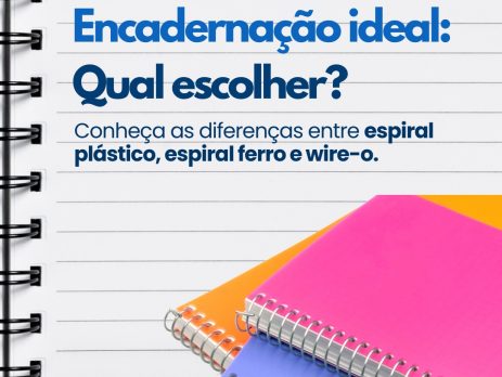 Imagem de um caderno com encadernação wire-o à esquerda, simulando uma folha com linhas. No canto direito inferior, três cadernos coloridos — rosa, azul e laranja — com diferentes tipos de espiral. No topo, a logo da Catambria e a frase “Encadernação ideal: qual escolher? Conheça as diferenças entre espiral plástico, espiral ferro e wire-o.”